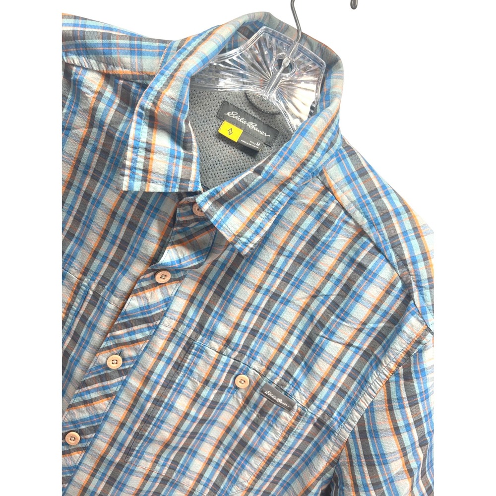 Eddie Bauer Mens Blue Orange Plaid Short Sleeve Button Down Hiking Shirt Size M